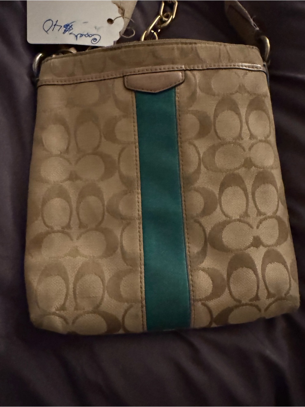 Coach Taupe Signature Crossbody with Teal Center Stripe